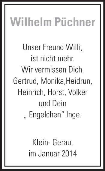 Traueranzeige von Wilhelm Püchner von Rüsselsheimer Echo, Groß-Gerauer-Echo, Ried Echo