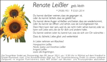 Traueranzeige von Renate Leißler von Echo-Zeitungen (Gesamtausgabe)