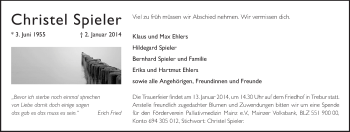 Traueranzeige von Christel Spieler von Echo-Zeitungen (Gesamtausgabe)