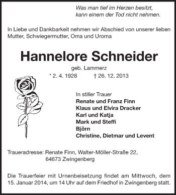 Traueranzeige von Hannelore Schneider von Echo-Zeitungen (Gesamtausgabe)