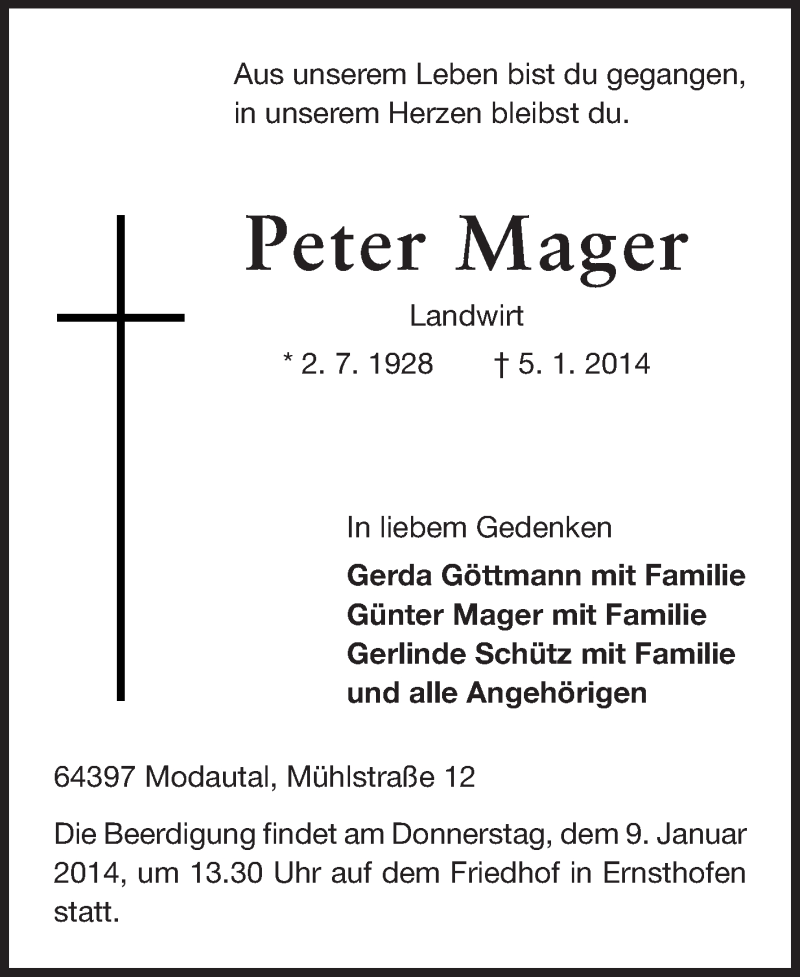  Traueranzeige für Peter Mager vom 07.01.2014 aus Echo-Zeitungen (Gesamtausgabe)