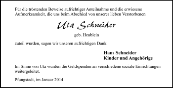 Traueranzeige von Uta Schneider von Echo-Zeitungen (Gesamtausgabe)