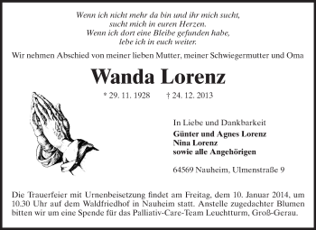 Traueranzeige von Wanda Lorenz von Rüsselsheimer Echo, Groß-Gerauer-Echo, Ried Echo