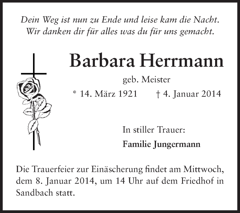  Traueranzeige für Barbara Herrmann vom 07.01.2014 aus Odenwälder Echo