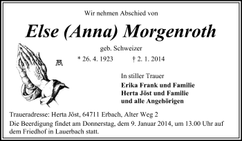 Traueranzeige von Else Morgenroth von Odenwälder Echo
