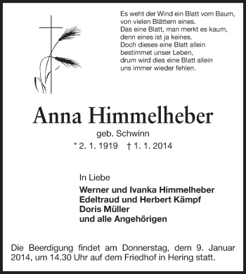 Traueranzeige von Anna Himmelheber von Echo-Zeitungen (Gesamtausgabe)