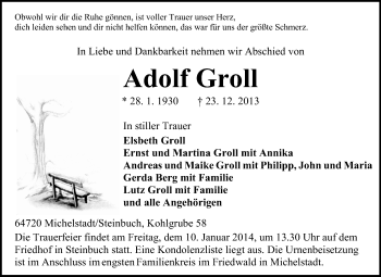 Traueranzeige von Adolf Groll von Odenwälder Echo