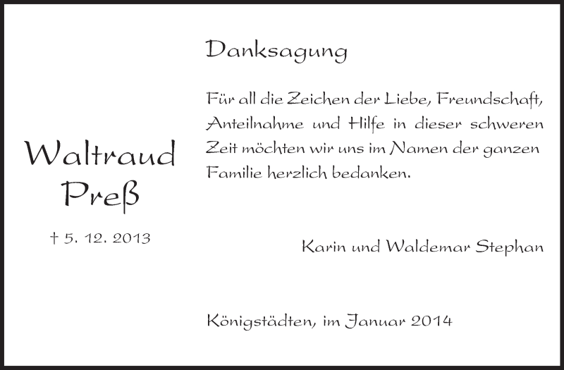  Traueranzeige für Waltraud Preß vom 11.01.2014 aus Rüsselsheimer Echo, Groß-Gerauer-Echo, Ried Echo
