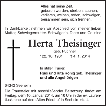 Traueranzeige von Herta Theisinger von Echo-Zeitungen (Gesamtausgabe)
