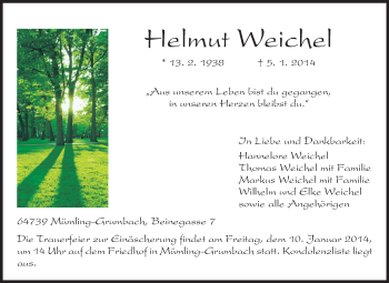 Traueranzeige von Helmut Weichel von Odenwälder Echo