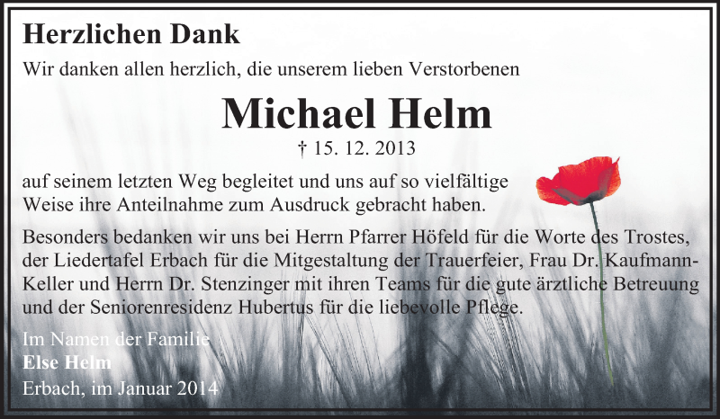  Traueranzeige für Michael Helm vom 10.01.2014 aus Odenwälder Echo