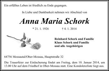 Traueranzeige von Anna Maria Schork von Odenwälder Echo