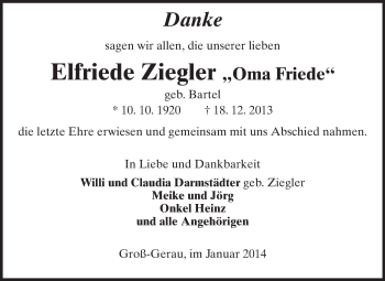 Traueranzeige von Elfriede Ziegler von Rüsselsheimer Echo, Groß-Gerauer-Echo, Ried Echo