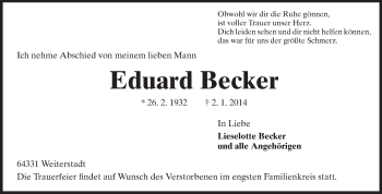 Traueranzeige von Eduard Becker  von Echo-Zeitungen (Gesamtausgabe)