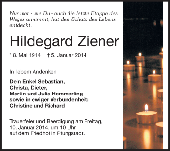 Traueranzeige von Hildegard Ziener von Echo-Zeitungen (Gesamtausgabe)