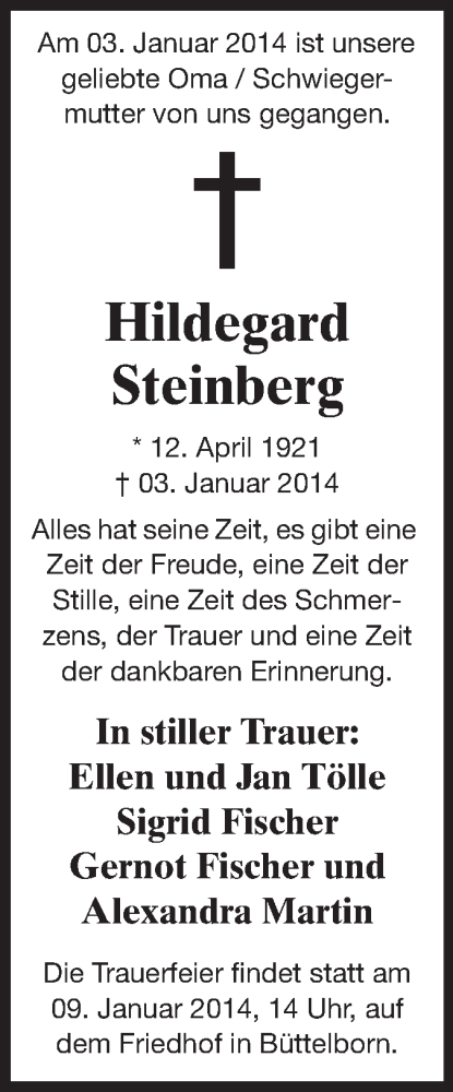 Traueranzeige für Hildegard Steinberg vom 08.01.2014 aus Rüsselsheimer Echo, Groß-Gerauer-Echo, Ried Echo