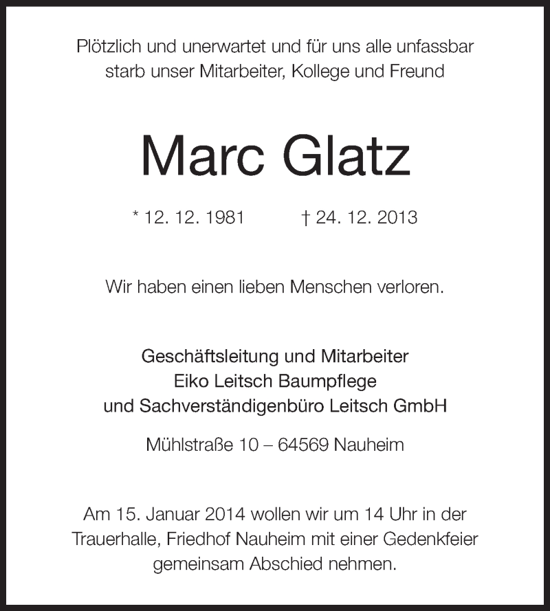  Traueranzeige für Marc Glatz vom 11.01.2014 aus Echo-Zeitungen (Gesamtausgabe)