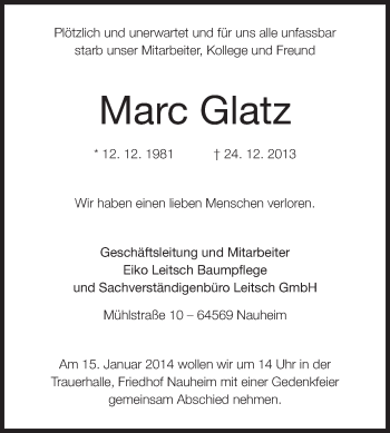 Traueranzeige von Marc Glatz von Echo-Zeitungen (Gesamtausgabe)