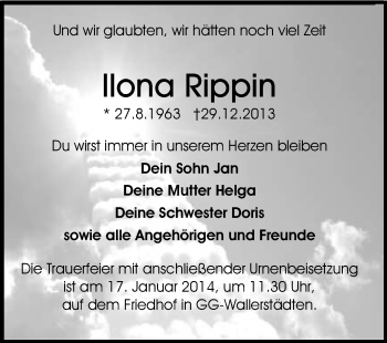 Traueranzeige von Ilona Rippin von Rüsselsheimer Echo, Groß-Gerauer-Echo, Ried Echo