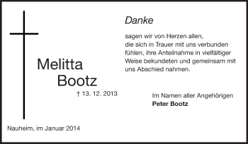 Traueranzeige von Melitta Bootz von Rüsselsheimer Echo, Groß-Gerauer-Echo, Ried Echo