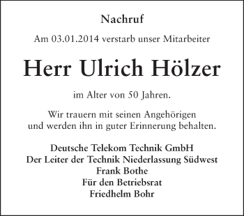 Traueranzeige von Ulrich Hölzer von Echo-Zeitungen (Gesamtausgabe)