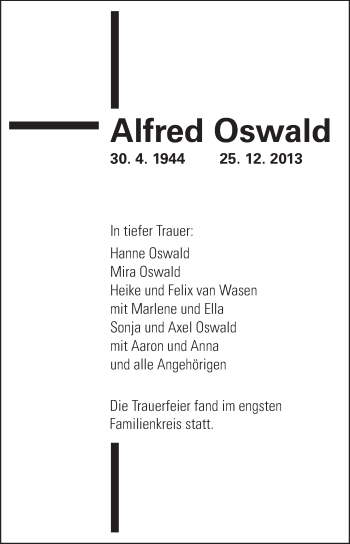 Traueranzeige von Alfred Oswald von Echo-Zeitungen (Gesamtausgabe)