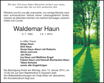 Traueranzeige von Waldemar Haun von Rüsselsheimer Echo, Groß-Gerauer-Echo, Ried Echo