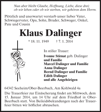 Traueranzeige von Klaus Dalinger von Echo-Zeitungen (Gesamtausgabe)