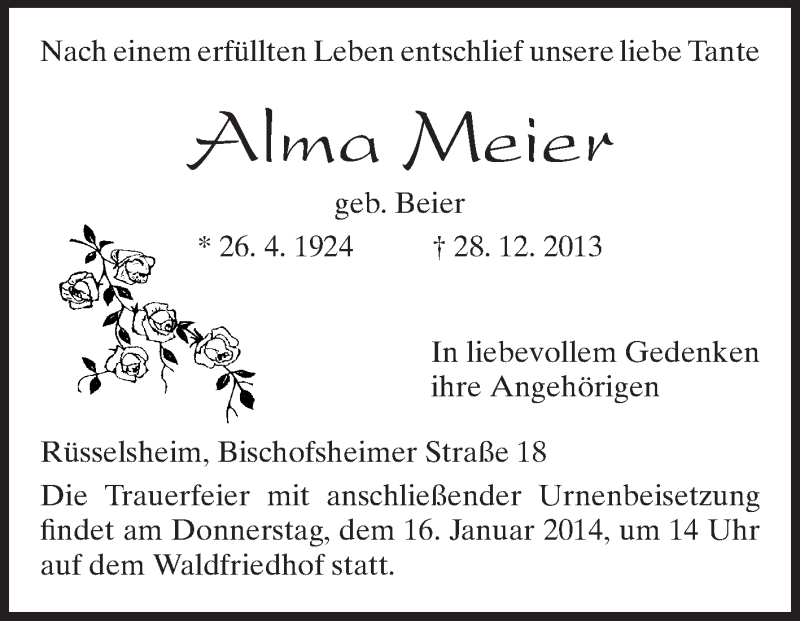  Traueranzeige für Alma Meier vom 11.01.2014 aus Rüsselsheimer Echo, Groß-Gerauer-Echo, Ried Echo