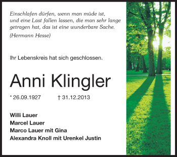 Traueranzeige von Anni Klingler von Echo-Zeitungen (Gesamtausgabe)