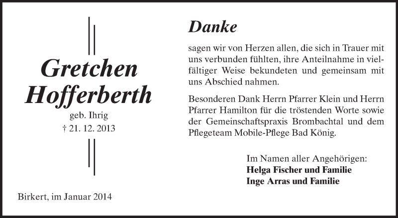  Traueranzeige für Gretchen Hofferberth vom 18.01.2014 aus Odenwälder Echo