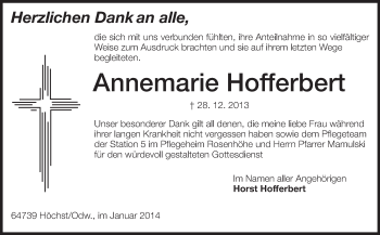 Traueranzeige von Annemarie Hofferbert von Odenwälder Echo
