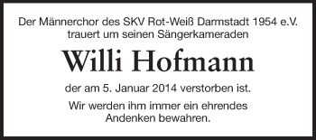 Traueranzeige von Willi Hofmann von Echo-Zeitungen (Gesamtausgabe)