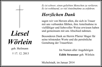 Traueranzeige von Liesel Wörlein von Odenwälder Echo