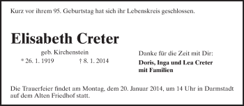 Traueranzeige von Elisabeth Creter von Echo-Zeitungen (Gesamtausgabe)