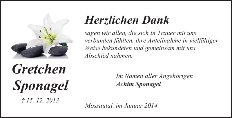  Traueranzeige für Gretchen Sponagel vom 13.01.2014 aus Odenwälder Echo
