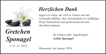 Traueranzeige von Gretchen Sponagel von Odenwälder Echo