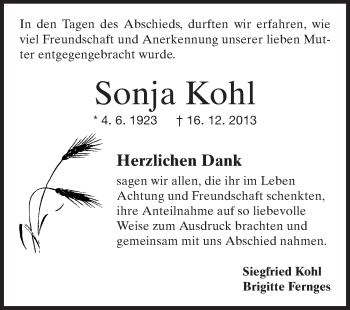 Traueranzeige von Sonja Kohl von Rüsselsheimer Echo, Groß-Gerauer-Echo, Ried Echo