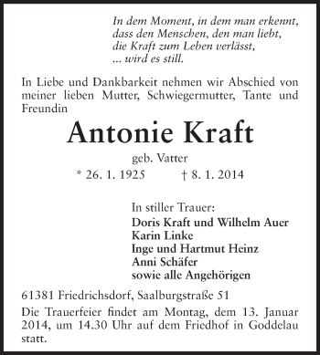 Traueranzeige von Antonie Kraft von Rüsselsheimer Echo, Groß-Gerauer-Echo, Ried Echo