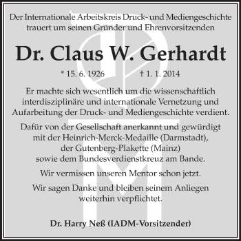Traueranzeige von Claus Gerhardt von Echo-Zeitungen (Gesamtausgabe)