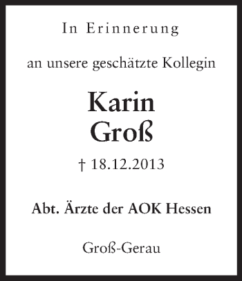 Traueranzeige von Karin Groß von Rüsselsheimer Echo, Groß-Gerauer-Echo, Ried Echo