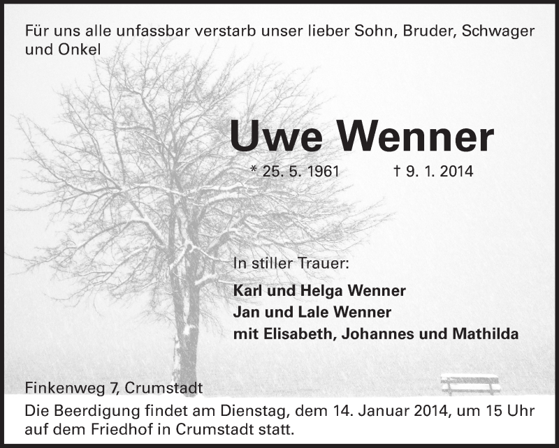  Traueranzeige für Uwe Wenner vom 11.01.2014 aus Echo-Zeitungen (Gesamtausgabe)