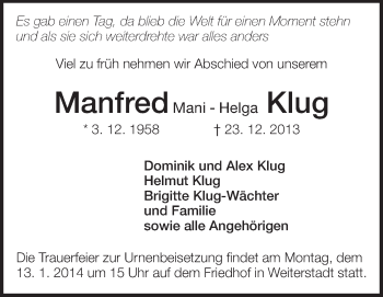 Traueranzeige von Manfred Klug von Echo-Zeitungen (Gesamtausgabe)