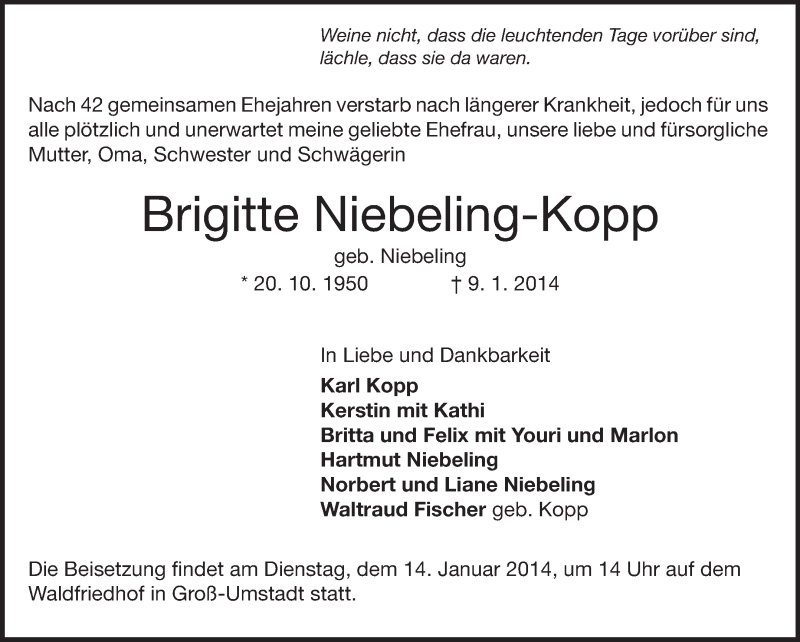  Traueranzeige für Brigitte Niebeling-Kopp vom 11.01.2014 aus Echo-Zeitungen (Gesamtausgabe)