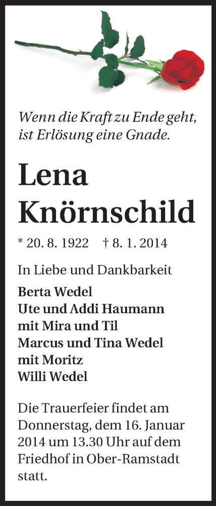  Traueranzeige für Lena Knörnschild vom 13.01.2014 aus Echo-Zeitungen (Gesamtausgabe)