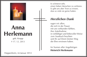Traueranzeige von Anna Herlemann von Starkenburger Echo, Bergsträßer Anzeiger