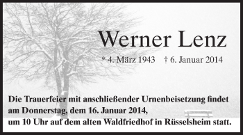 Traueranzeige von Werner Lenz von Rüsselsheimer Echo, Groß-Gerauer-Echo, Ried Echo