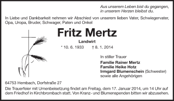 Traueranzeige von Fritz Mertz von Echo-Zeitungen (Gesamtausgabe)