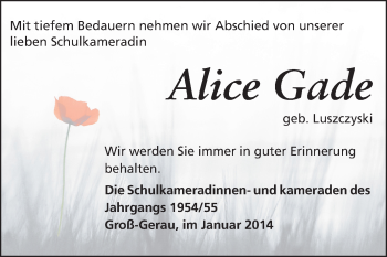 Traueranzeige von Alice Gade von Rüsselsheimer Echo, Groß-Gerauer-Echo, Ried Echo