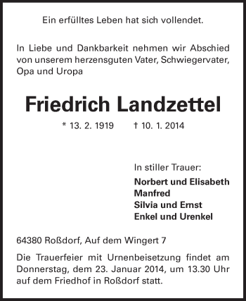 Traueranzeige von Friedrich Landzettel von Echo-Zeitungen (Gesamtausgabe)